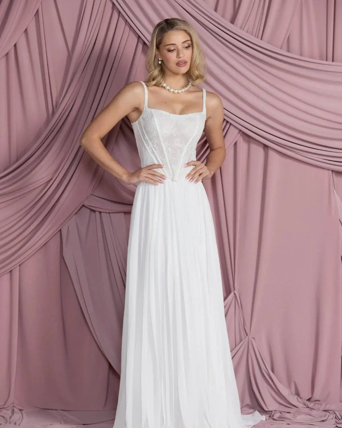 Front view of Larissa pleated chiffon bridal skirt in flowing A-line silhouette.