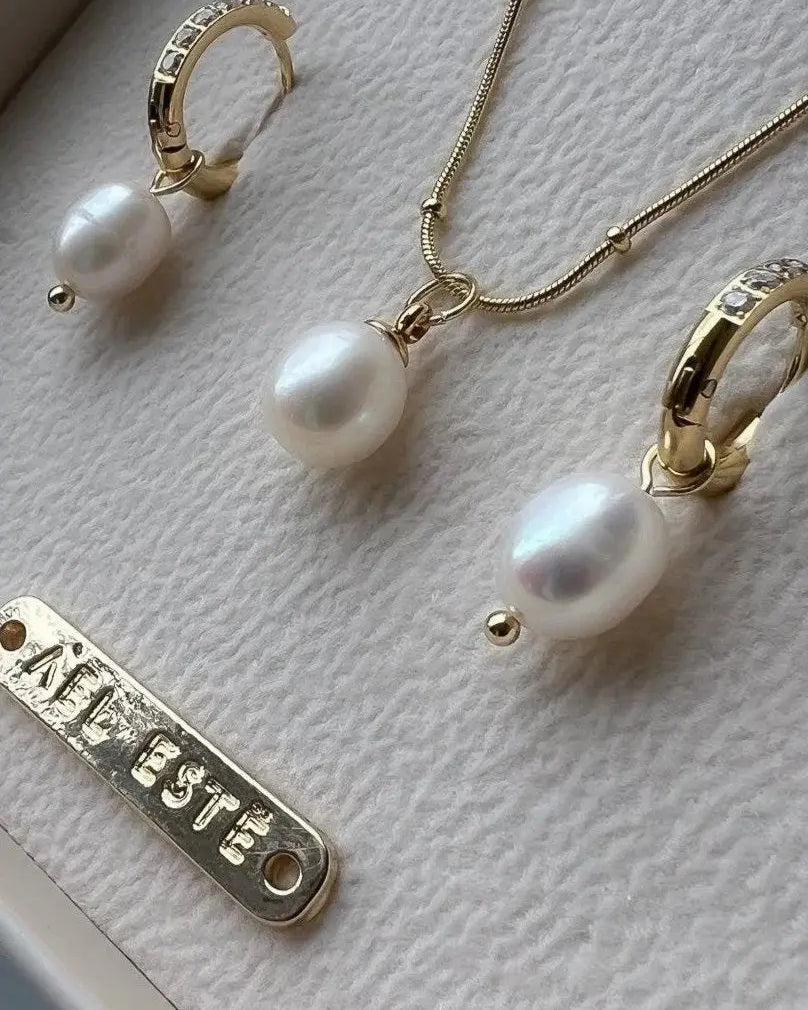 Leena Pearl Earring + Necklace Set bridal-brilliance