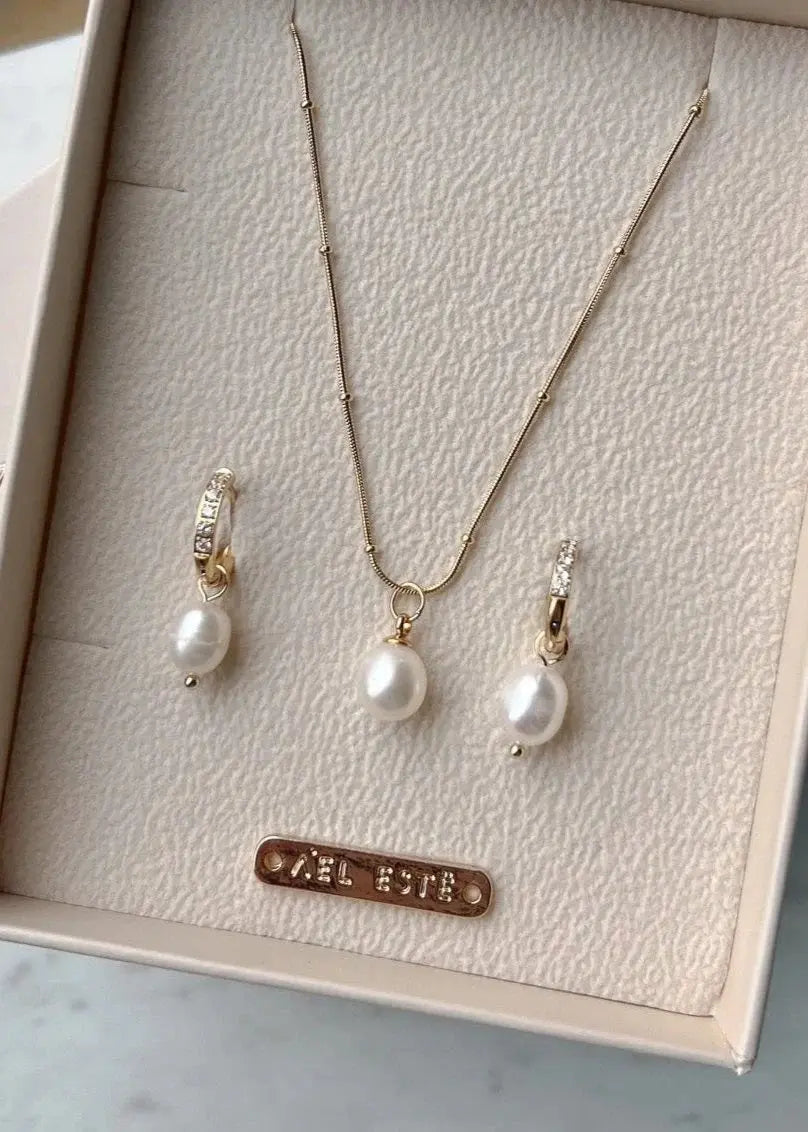 Leena Pearl Earring + Necklace Set bridal-brilliance