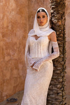 Wide front view of Amani two-piece lace bridal gown with structured corset bodice, sweetheart neckline, and fit-and-flare lace skirt. With Chiffon Scarf.