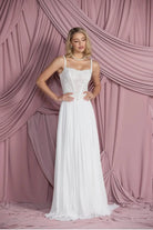 Front view of Larissa pleated chiffon bridal skirt in flowing A-line silhouette.