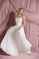 Front view of Larissa pleated chiffon bridal skirt in A-line silhouette, flowing gracefully from the waist.